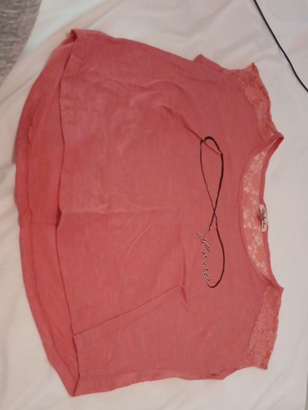 True Freedom Coral Pink Lace-Trim Short Sleeve Tee